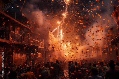 Bursting of fireworks and firecrackers during the Diwali celebration