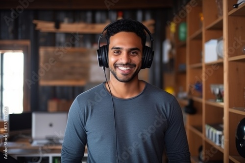 a happy indian man in headphones on the background of shelves with music equipment in the room © vasyan_23