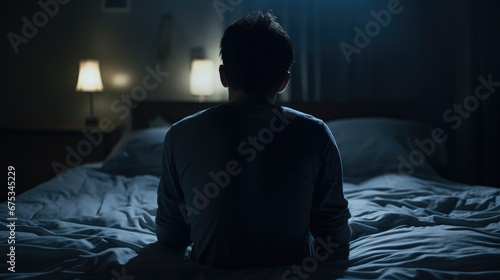 sleepless insomnic man on bed at dark night