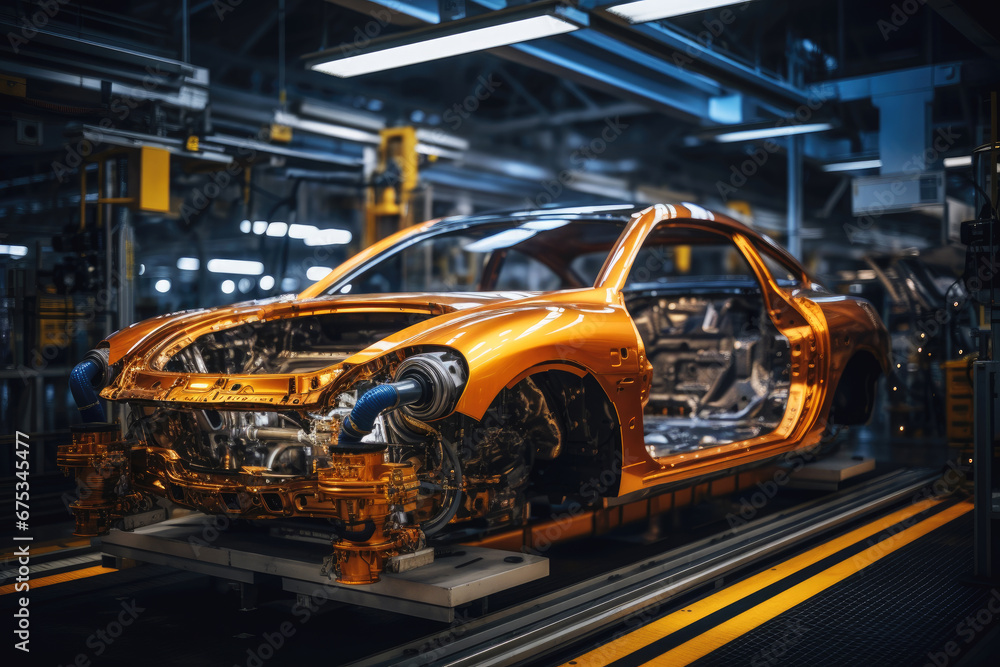 Automated Robot Arm Assembly Line Manufacturing High-Tech Green Energy Electric Vehicles. Automatic Construction, Building, Welding Industrial Production Conveyor Automated Robot Arm Assembly Line Manufacturing High-Tech Green Energy Electric Vehicles. Automatic Construction, Building, Welding Industrial Production Conveyor