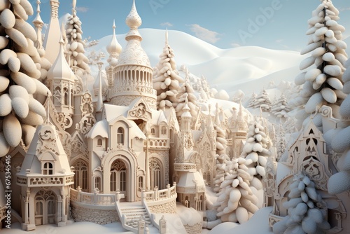 snowy winter landscape with fairytale castle