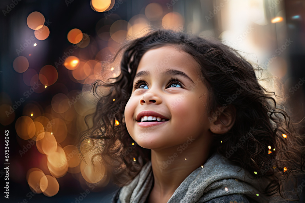 Smiling Child in Winter Clothes with Festive Lights. Christmas.