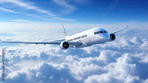 Commercial plane soaring through fluffy white clouds, showcasing its immense size and sleek design. Minute details, from windows to wings and tail, are clearly visible. Perfectly in focus