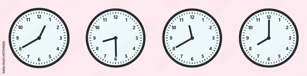 Close-up of a set of four clocks showing the different time Close-up of a set of four clocks showing the different time