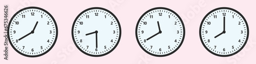 Close-up of a set of four clocks showing the different time