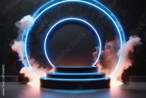 3d rendering illustration modern futuristic podium stage platform with neon lighting and black background for premium produt business technology.ai generated