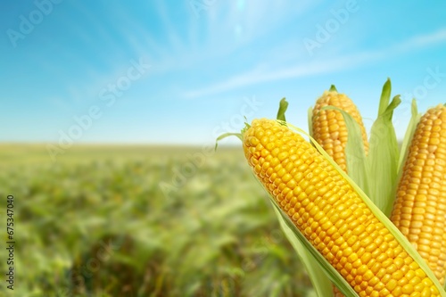 Corn yellow fresh cobs in plantation field.