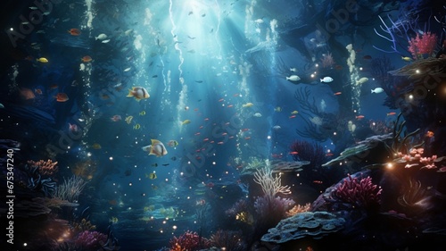 a firework show submerged underwater, with cascading bubbles and dancing lights, creating an otherworldly and enchanting scene.
