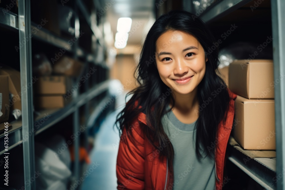 happy asian woman worker on the background of shelves with boxes in the warehouse happy asian woman worker on the background of shelves with boxes in the warehouse