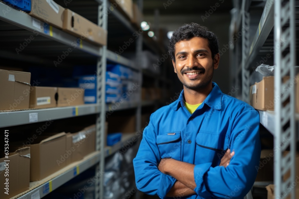 happy indian man worker on the background of shelves with boxes in the warehouse happy indian man worker on the background of shelves with boxes in the warehouse