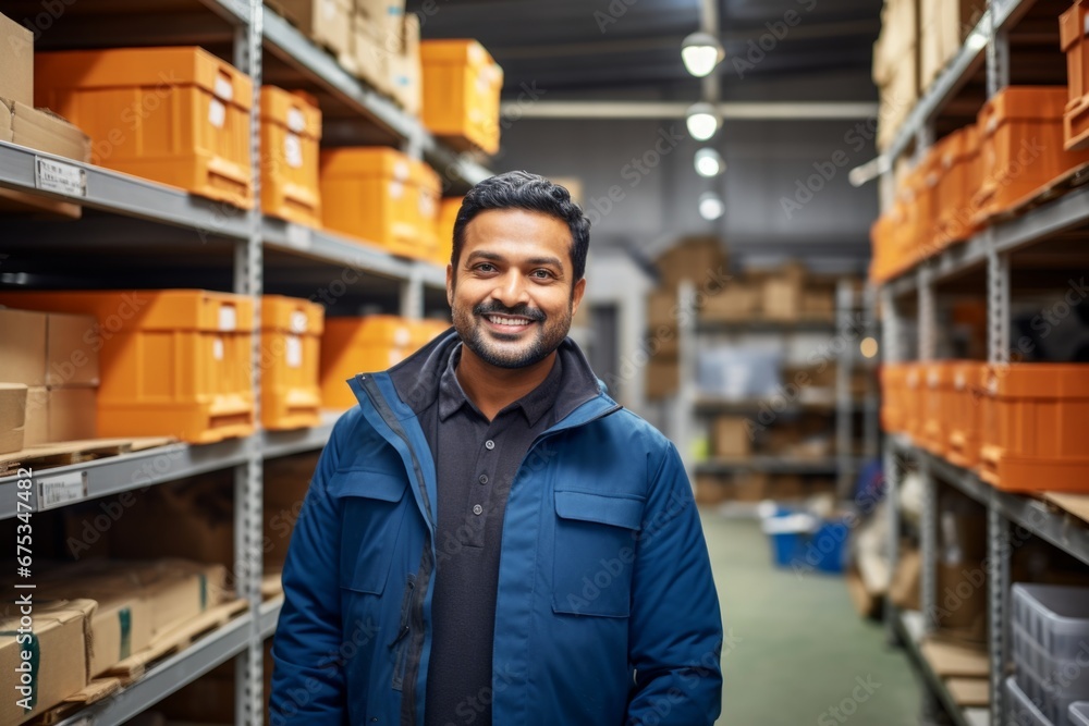 happy indian man worker on the background of shelves with boxes in the warehouse happy indian man worker on the background of shelves with boxes in the warehouse