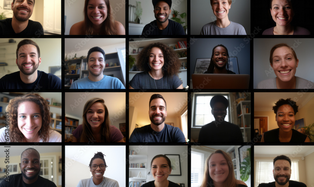 A team of people on an online conference call. Grid of webcam faces A team of people on an online conference call. Grid of webcam faces
