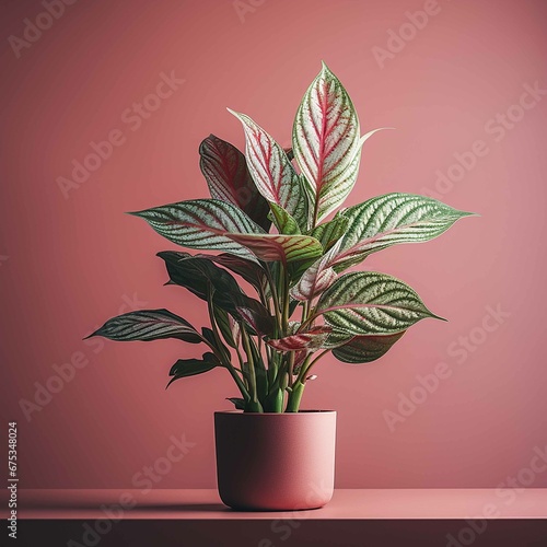 Aglaonema Lady Valentine houseplant product photography, sage background, bright natural sunlight, contrasted cinematography photo