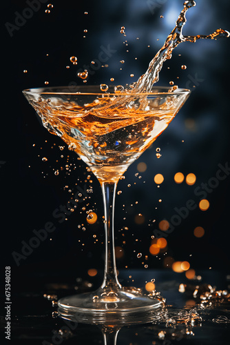 Glass with alcohol cocktail splashing on a dark background, bar or restaurant drink concept photo