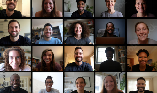A team of people on an online conference call. Grid of webcam faces
