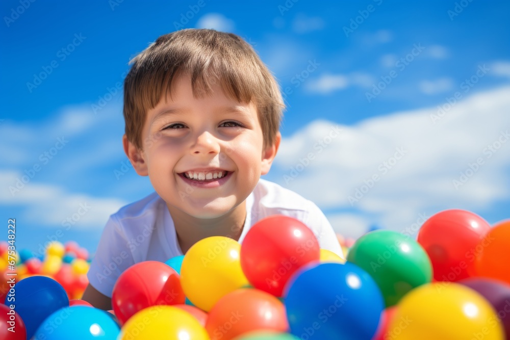 happy child boy on the background of colorful balls for games happy child boy on the background of colorful balls for games
