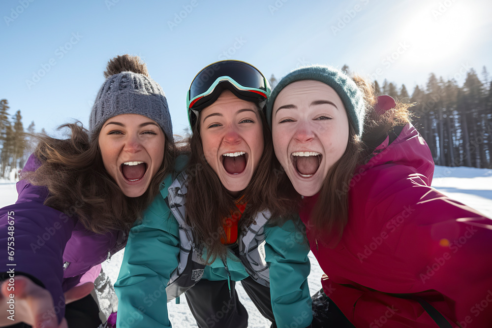 Winter Wonderland: Three Friends Capture a Joyful Moment on a Snowy Mountain, ai generative