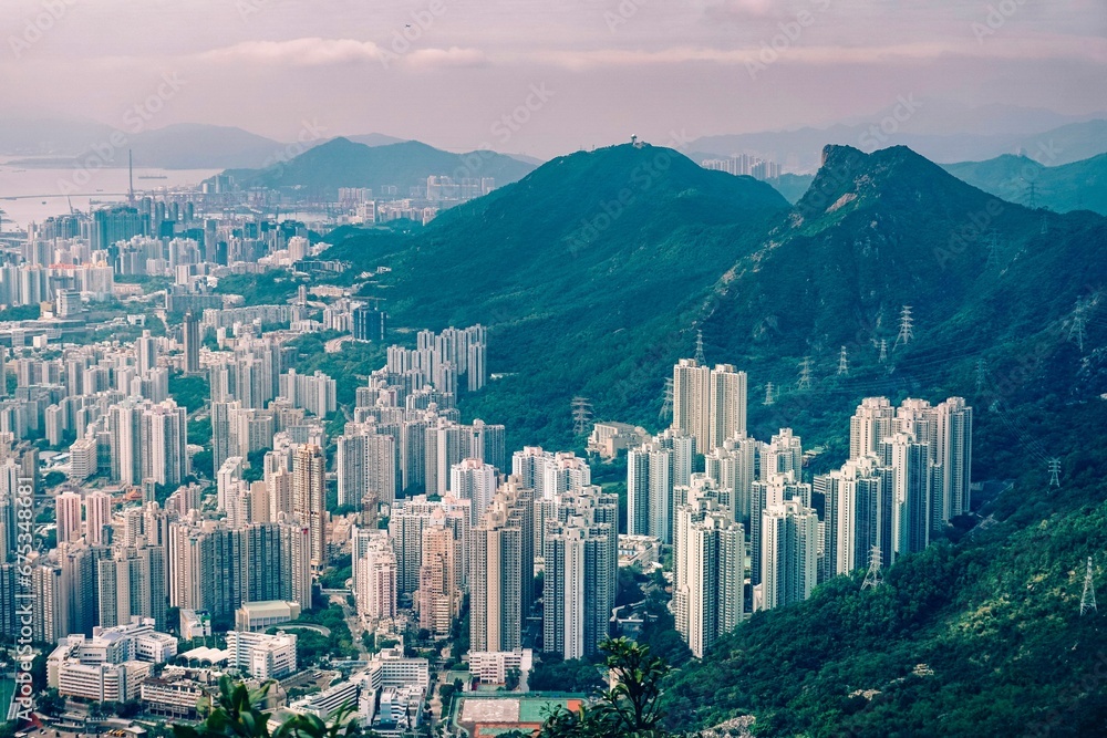 Aerial view of the Kowloon lion rock and the urban area of Hong Kong