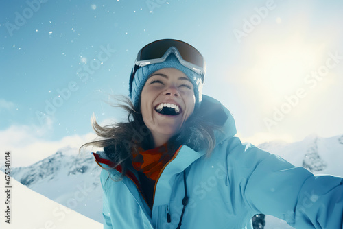 Snowy Summit Selfie: A Winter Sports Enthusiast Captures a Moment on the Mountain Top, ai generative