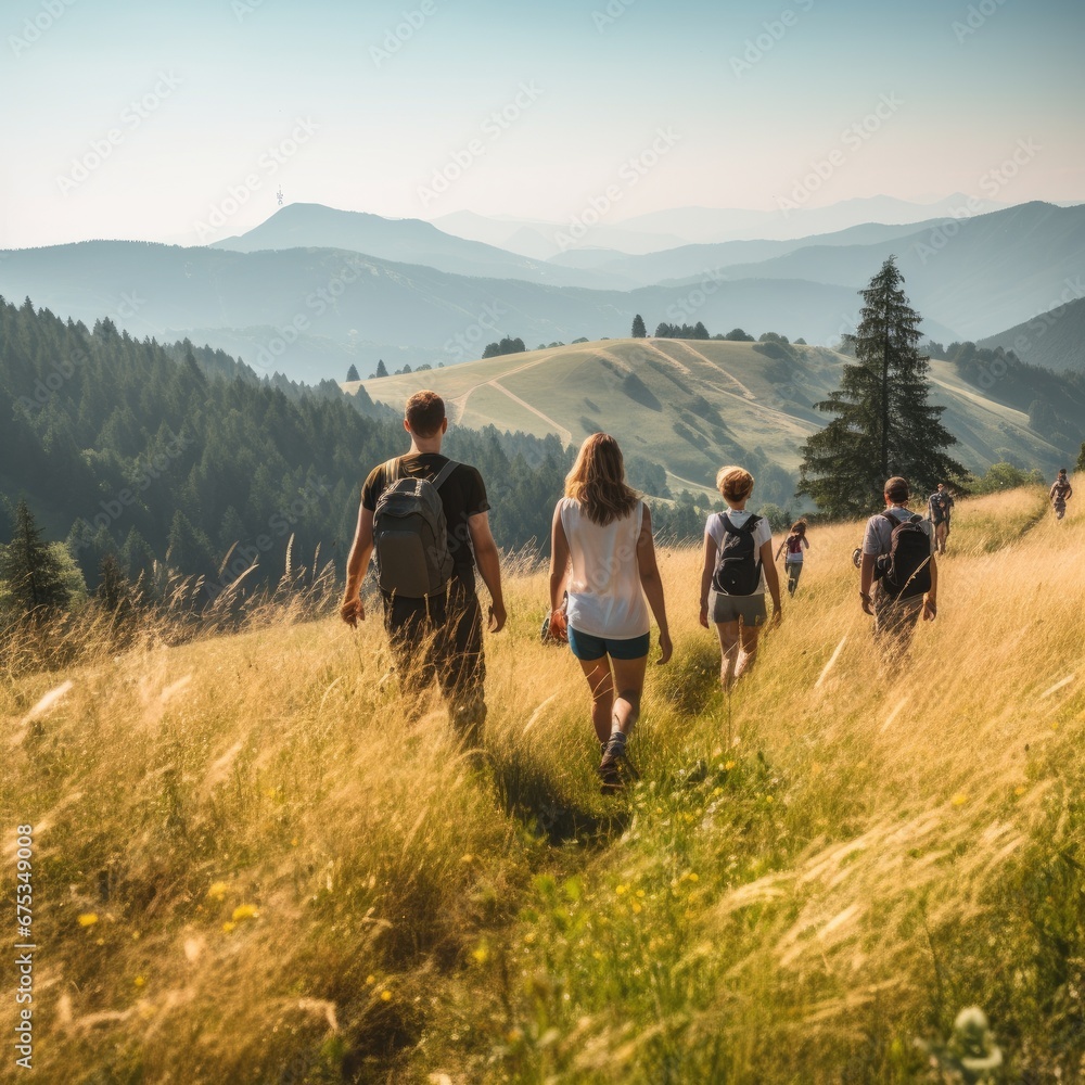 Group of people walking on a mountain trail in the Carpathians