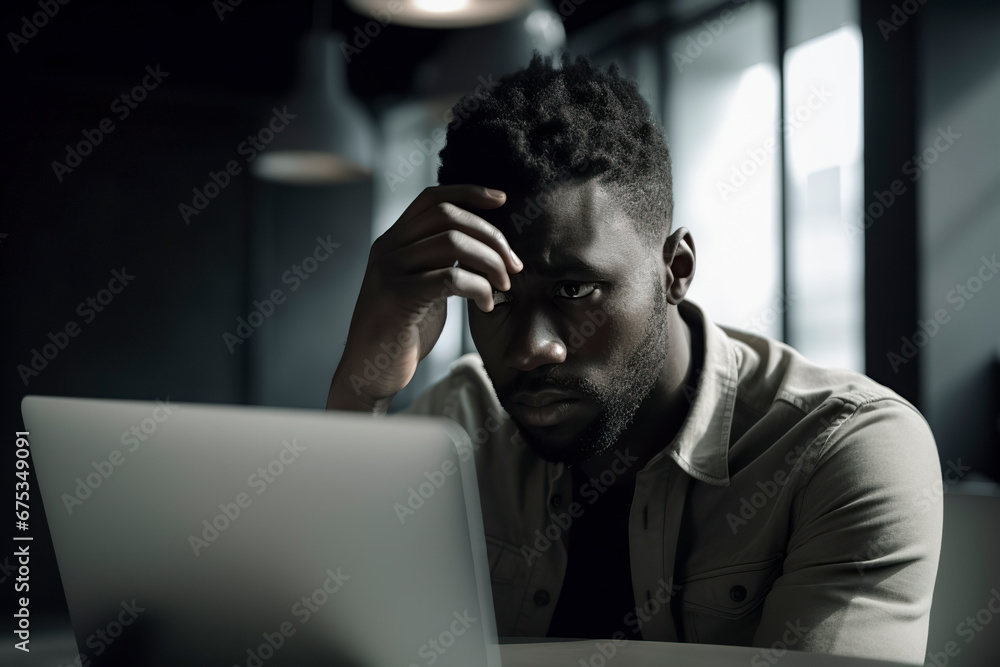 black Man working on laptop in dark room, ai generative black Man working on laptop in dark room, ai generative