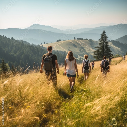 Group of people walking on a mountain trail in the Carpathians