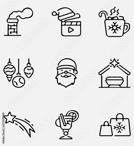 Set of 9 christmas outline icons. Holiday symbol. Line Xmas icons collection. Editable stroke