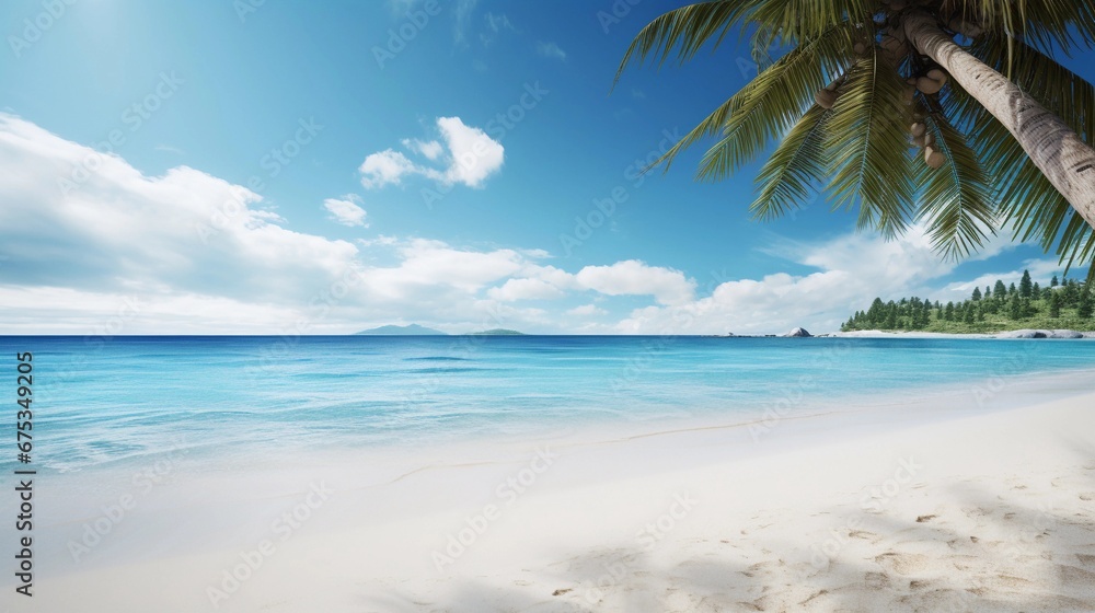 A palm-fringed, white-sand beach with crystal-clear turquoise waters, where the sea meets the sky on the distant horizon, AI generated, background image A palm-fringed, white-sand beach with crystal-clear turquoise waters, where the sea meets the sky on the distant horizon, AI generated, background image