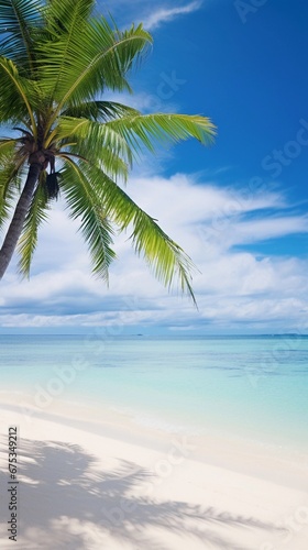 A palm-fringed  white-sand beach with crystal-clear turquoise waters  where the sea meets the sky on the distant horizon  AI generated  background image
