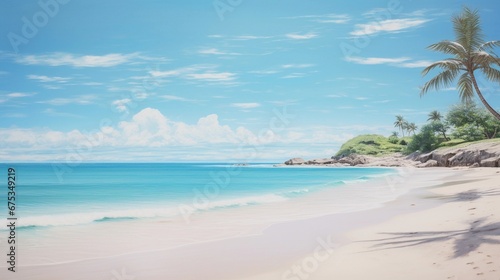 A palm-fringed, white-sand beach with crystal-clear turquoise waters, where the sea meets the sky on the distant horizon, AI generated, background image © Hifzhan Graphics