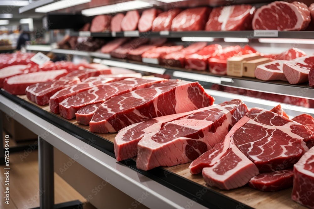 Different cuts of fresh raw red meat in supermarket, variety of prime meat steaks, angus, T-bone, ribeye, striploin, tomahawk on display in a grocery store meat counter. generative ai