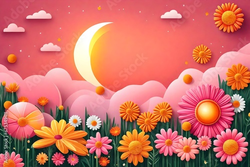 background with flowers and moon 3d render