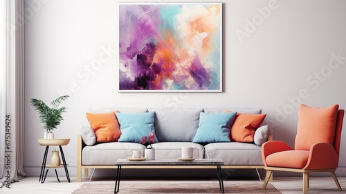 Living room with abstract art painting on the wall. Abstract painting on living room. photo