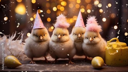 a group of young chicks wearing miniature New Year hats, their fluffy feathers ruffled by the wind, as they peck at festive treats, ushering in the joy of 2024. photo