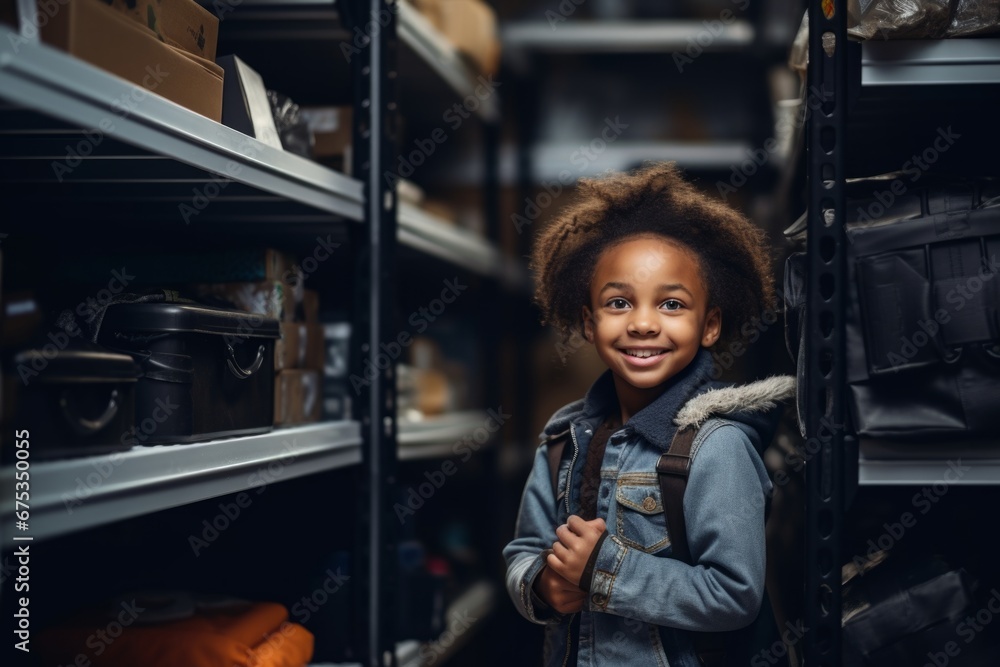 happy african american child girl worker on the background of shelves with boxes in the warehouse happy african american child girl worker on the background of shelves with boxes in the warehouse