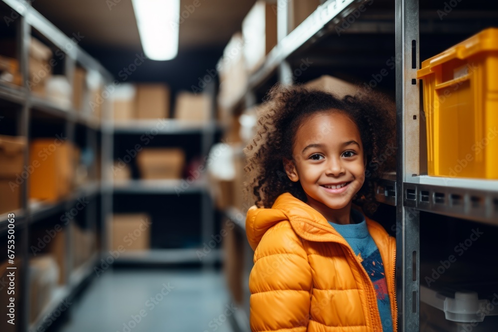 happy african american child girl worker on the background of shelves with boxes in the warehouse - obrazy, fototapety, plakaty 