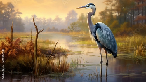 a heron standing tall in a New Year's marshland, its long neck elegantly arched, embodying poise and composure as it observes the start of 2024 in its natural habitat.