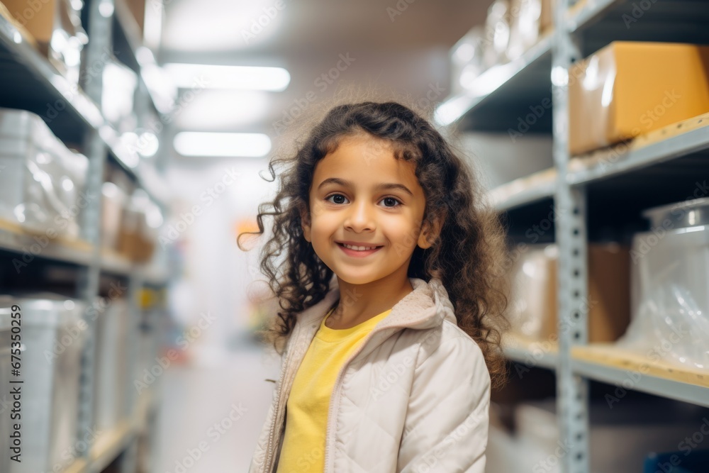 happy indian child girl worker on the background of shelves with boxes in the warehouse