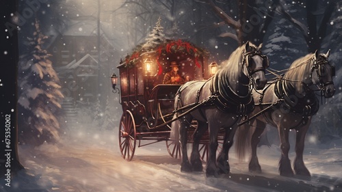 a horse-drawn carriage ride through a snowy forest, with passengers bundled up in blankets, enjoying the crisp winter air and the enchanting ambiance of Christmas. photo