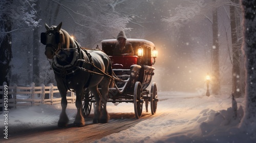 a horse-drawn carriage ride through a snowy forest, with passengers bundled up in blankets, enjoying the crisp winter air and the enchanting ambiance of Christmas. © baloch