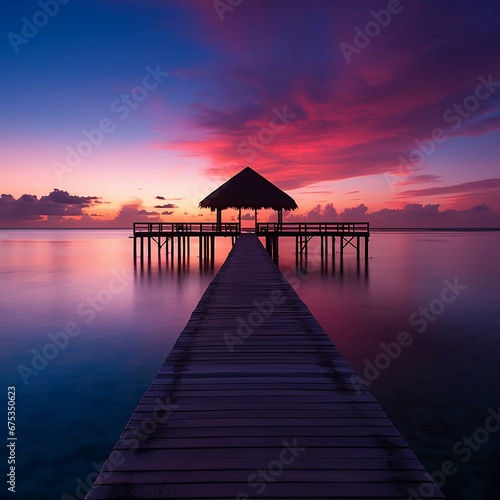 A red and blue ocean with a pier  hut  and sunset  in the style of tokina