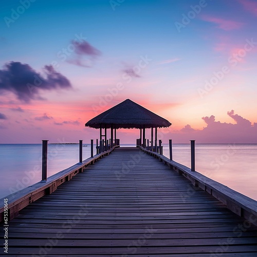 A red and blue ocean with a pier, hut, and sunset, in the style of tokina