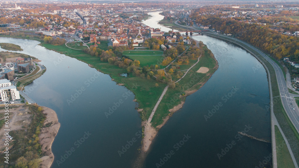 River Neris and Nemun confluence in Kaunas Lithuania. Drone aerial city and nature view. Kauno santaka