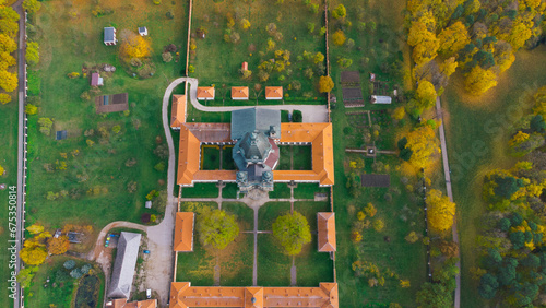 Pazaislis Monastery and Church. Drone aerial autumn color view. Lithuania Kaunas