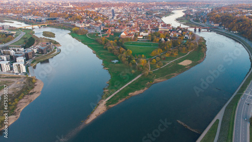 River Neris and Nemun confluence in Kaunas Lithuania. Drone aerial city and nature view. Kauno santaka photo