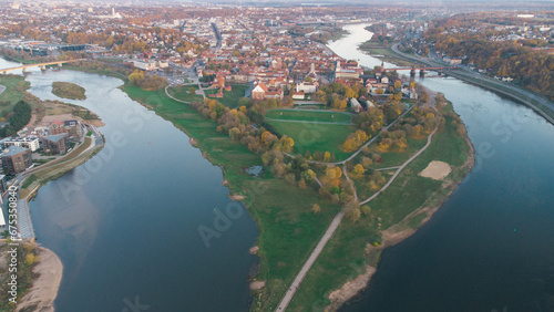 River Neris and Nemun confluence in Kaunas Lithuania. Drone aerial city and nature view. Kauno santaka
