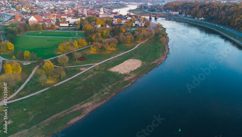 River Neris and Nemun confluence in Kaunas Lithuania. Drone aerial city and nature view. Kauno santaka photo