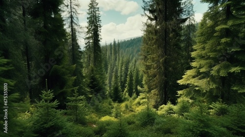 Healthy green trees in a forest of old spruce fir.Generative AI