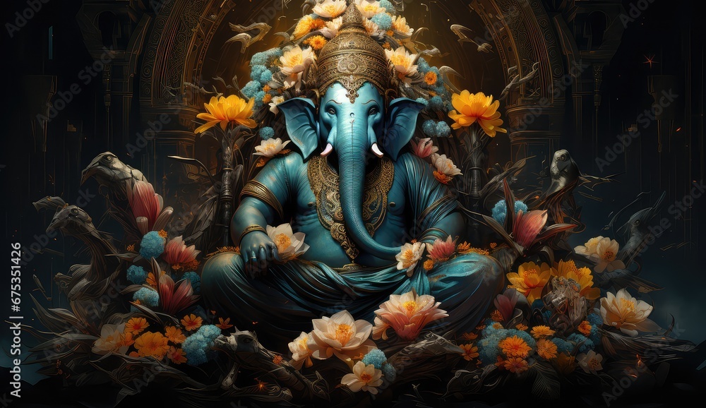 Gensha siedzący w pozycji medytacji z kwiatami i darami dla boga. 