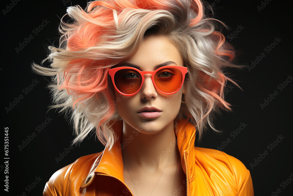 Portrait of a beautiful girl with orange strands of hair wearing orange glasses.